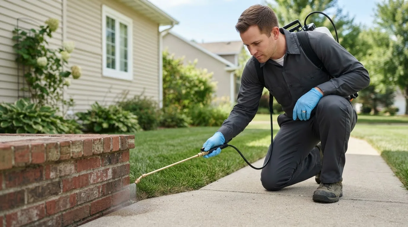 Pest control technician treating a home near Woodstock, IL