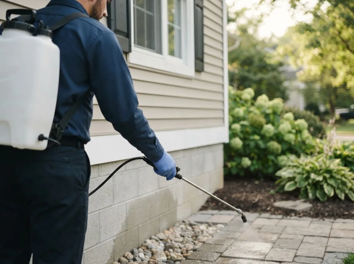 Pest control technician inspecting a home in Woodstock, IL